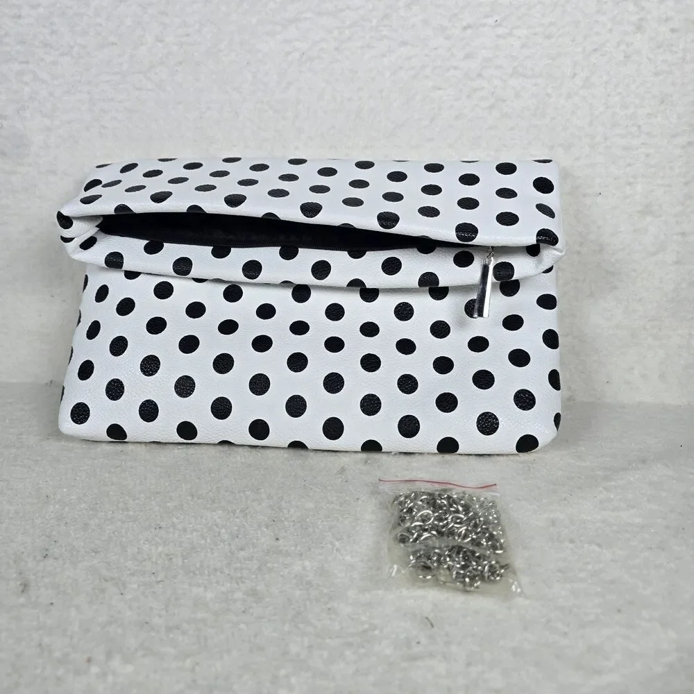 Versona Black and White Polka-dot Foldover Clutch With Metal Strap